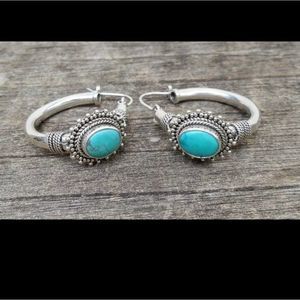 Tibetian silver and turquoise boho small hoop earrings new